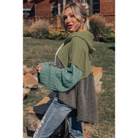 Laurel Green Mixed Textured Colorblock Patchwork Wide Sleeve Frayed High Low Hooded Top - L thumbnail