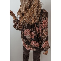 Black Floral Print Criss Cross V Neck Balloon Sleeve Blouse - L thumbnail