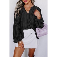 Black Textured Bubble Sleeve V Neck Loose Blouse - S thumbnail