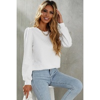 White Textured Puff Long Sleeve Round Neck Top - L thumbnail