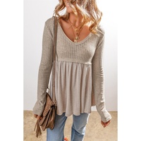 Smoke Gray Textured Long Sleeve V Neck Babydoll Top - S thumbnail