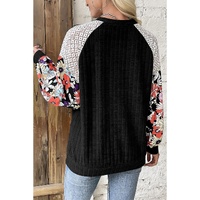 Black Floral Patchwork Long Sleeve Ribbed Blouse - 2XL thumbnail