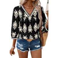 Black Vintage Geometric Printed 3/4 Sleeve V Neck Blouse - M thumbnail