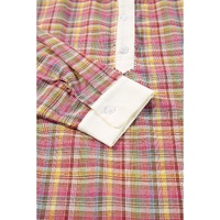 Pink Colorblock Plaid Patchwork Henley Blouse - L thumbnail