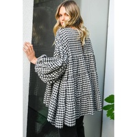 Black Checkered Puff Sleeve Tiered Loose Babydoll Blouse - M thumbnail