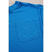 Blue Ribbed Exposed Seam Knit V Neck Long Sleeve Top - L thumbnail