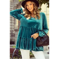 Sea Green Velvet V Neck Peplum Hem Puff Sleeve Blouse - L thumbnail
