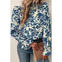 Sky Blue Floral Print Flounce Sleeve Keyhole Back Blouse - S thumbnail