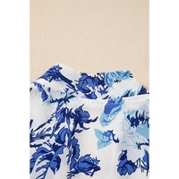 Sky Blue Floral Print Notched Neck Elegant Blouse - L thumbnail