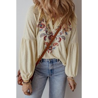 Apricot Paisley Floral Embroidered Notch V Neck Blouse - L thumbnail