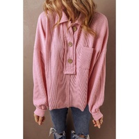 Pink Ribbed Knit Collared Henley Top with Chest Pocket - S thumbnail