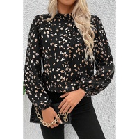 Black Leopard Print Lantern Sleeve Mock Neck Pleated Blouse - L thumbnail