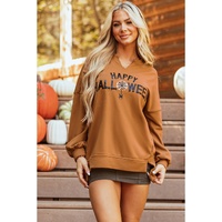 Chestnut Sequin Happy Halloween Graphic Notched Neck Long Sleeve Loose Top - 2XL thumbnail