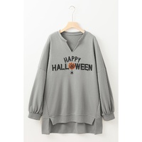 Medium Grey Sequin Happy Halloween Graphic Notched Neck Long Sleeve Loose Top - 2XL thumbnail