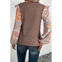 Coffee Ruffled Floral Sleeve Patchwork Waffle Knit O Neck Blouse - L thumbnail