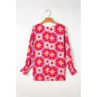 Strawberry Pink Geometric Print Shirred Cuff 3/4 Sleeve Loose Blouse - L thumbnail