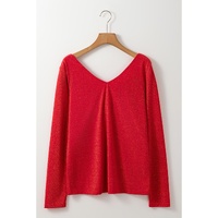 Racing Red Metallic Bowknot Open Back V Neck Top - L thumbnail