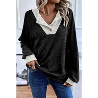 Black Color Contrast Ribbed Loose Fit Long Sleeve Top - S thumbnail