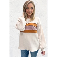 White Corded Exposed Seam Knit Patchwork Drop Sleeve Top - M thumbnail