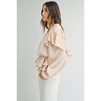 Oatmeal Lace-up Keyhole Back Ruffled Peplum Blouse - L thumbnail