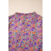 Purple Floral Allover Print Shirred Cuff Frilled O Neck Blouse - L thumbnail