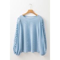 Mist Blue Corded Frilly Puff Sleeve Round Neck Blouse - M thumbnail