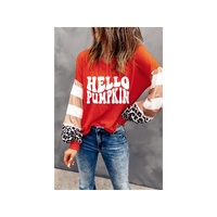 Red Hello Pumpkin Graphic Leopard Striped Colorblock Sleeve V Neck Top - L thumbnail