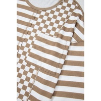 Khaki Checkerboard Striped Patchwork Lantern Sleeve Pocketed Blouse - L thumbnail