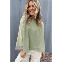 Meadow Mist Green Waffle Knit Wide Bracelet Sleeve Patchwork Raglan Top - L thumbnail