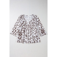 Khaki Leopard Print Ruched V Neck 3/4 Sleeve Blouse - S thumbnail
