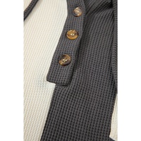 Dark Grey Waffle Colorblock Buttons Placket Drop Shoulder Drawstring Hoodie - M thumbnail
