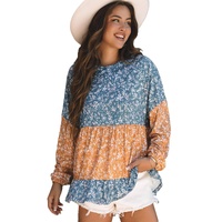 Orange Floral Color Block Patchwork Ruffled Hem Round Neck Blouse - L thumbnail