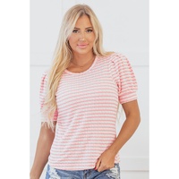 Pink Stripe Textured Puff Sleeve Crewneck Top - L thumbnail