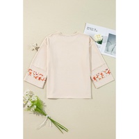 Beige Flower Patch Graphic Exposed Seam Wide Sleeve Top - M thumbnail