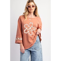 Grapefruit Orange Flower Patch Graphic Exposed Seam Wide Sleeve Top - 2XL thumbnail