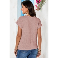 Light Pink Lace Patchwork Waffle Short Sleeve Top - 2XL thumbnail
