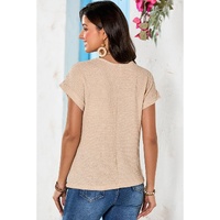 Oatmeal Lace Patchwork Waffle Short Sleeve Top - M thumbnail