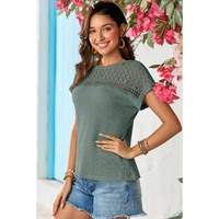Mist Green Lace Patchwork Waffle Short Sleeve Top - 2XL thumbnail