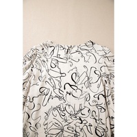 Beige Abstract Print Balloon Sleeve Crew Neck Blouse - L thumbnail