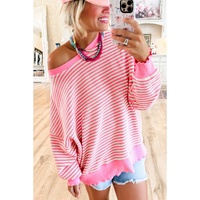 Azura Exchange Pink Stripe Loose Drop Shoulder Long Sleeve Top - 2XL thumbnail