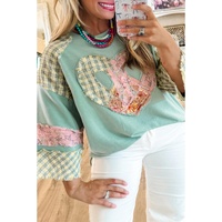 Clearly Aqua Plaid Floral Peace Heart Graphic Wide Long Sleeve Top - L thumbnail