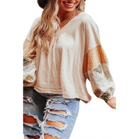 Jet Stream Palm Leaves Polka Dot Puff Sleeve Patchwork V Neck Loose Blouse - 2XL thumbnail