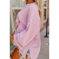 Light Pink Floral Peace Sign Graphic Drop Shoulder Wide Sleeve Casual Top - L thumbnail