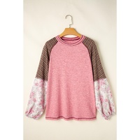 Fushia Mixed Print Raglan Sleeve Ribbed Knit Patchwork Blouse - 2XL thumbnail