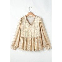 Gold Metallic Frilled V Neck Puff Sleeve Babydoll Blouse - M thumbnail