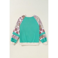 Aruba Blue Plaid Vintage Paisley Patchwork Long Sleeve Raglan Top - L thumbnail
