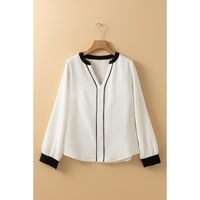 White Textured Colorblock V Neck Elegant Blouse - L thumbnail