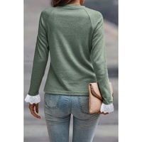 Grass Green Seam Detail Lace Contrast Cuffs Raglan Sleeve Top - L thumbnail