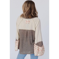 Goat Colorblock Floral Patchwork Flared Sleeve Buttons Henley Top - L thumbnail