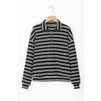 Black Stripe Textured Quarter Zip Collar Long Sleeve Top - L thumbnail
